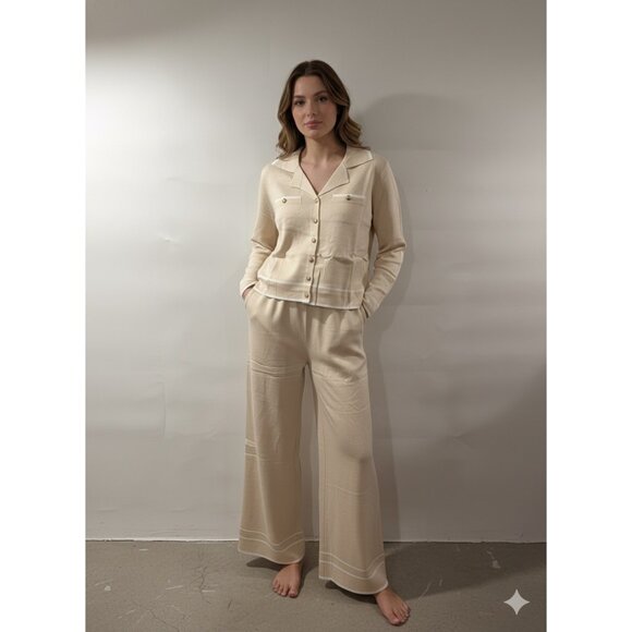 Zesica Womens Beige Knit Pant Set With Button-Down Lapel Top & Wide Leg Pants Co - Picture 2 of 5